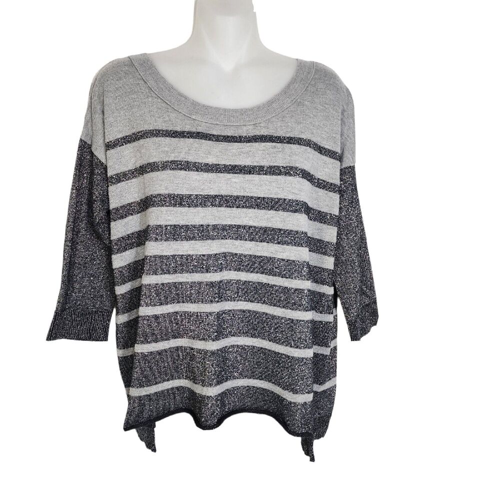 American Eagle Women Sweater MediumGray Black Silver Stripe Lightweight Pullover